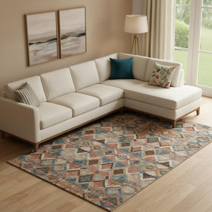HomeRoots 9' X 12' Stylish Geometric Area Rug in Brown, Blue & Coral - Durable, Washable & UV Protected Design 683799