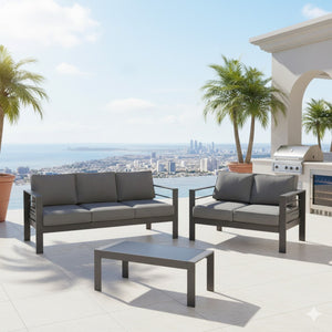 English Elm 3-piece Outdoor Aluminum Conversation Set with Deep Cushions and Wpc Coffee Table Dark Grey B082S00091