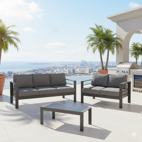 English Elm 3-piece Outdoor Aluminum Conversation Set with Deep Cushions and Wpc Coffee Table Dark Grey B082S00091