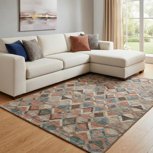 HomeRoots 10' X 14' Stylish Brown Blue Coral Geometric Washable Area Rug with UV Protection for Busy Homes 683800