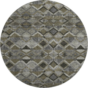HomeRoots 8' Stylish Gray Brown Beige Geometric Round Rug - Washable, UV Protected, Perfect for High-Traffic Areas 683803