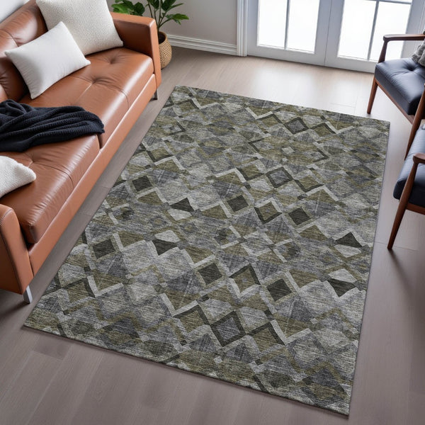 HomeRoots 9' Gray Brown Beige Geometric Area Rug - Washable, UV Protected, Stain Resistant, Modern Design 683805