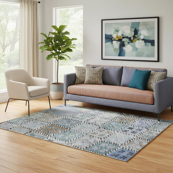 HomeRoots 5' X 8' Geometric Blue Copper & Silver Washable Area Rug with Stain Resistance & UV Protection 683808