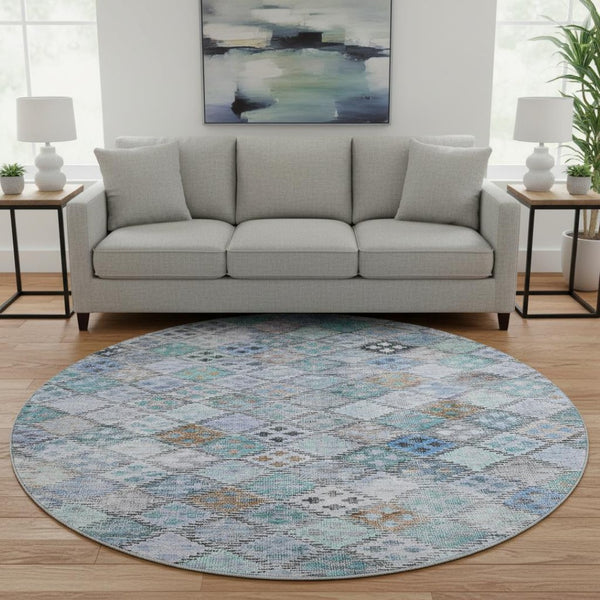 HomeRoots 8' Stylish Blue Copper Silver Geometric Round Rug - Washable, UV Protected for Family & Pet Spaces 683809