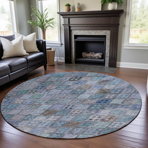 HomeRoots 8' Stylish Blue Copper Silver Geometric Round Rug - Washable, UV Protected for Family & Pet Spaces 683809