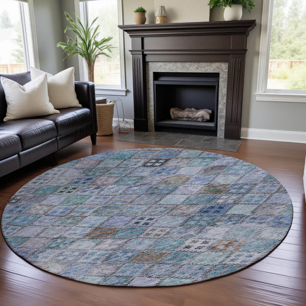 HomeRoots 8' Stylish Blue Copper Silver Geometric Round Rug - Washable, UV Protected for Family & Pet Spaces 683809