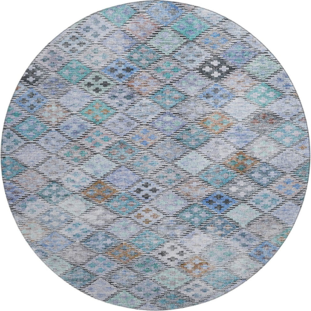 HomeRoots 8' Stylish Blue Copper Silver Geometric Round Rug - Washable, UV Protected for Family & Pet Spaces 683809
