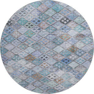 HomeRoots 8' Stylish Blue Copper Silver Geometric Round Rug - Washable, UV Protected for Family & Pet Spaces 683809