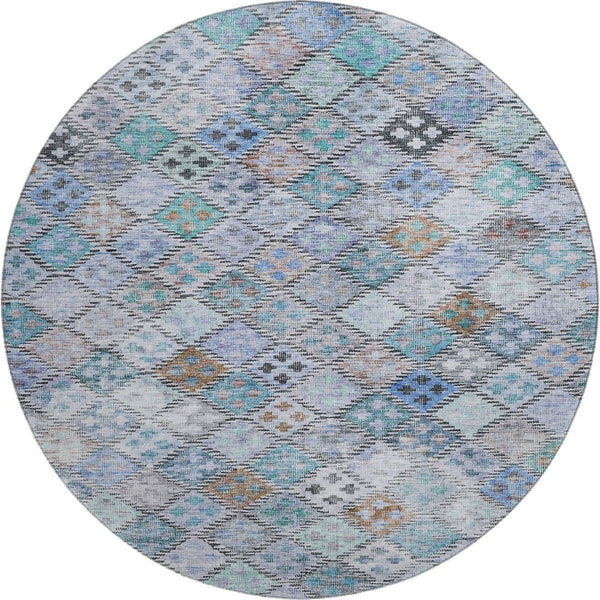 HomeRoots 8' Stylish Blue Copper Silver Geometric Round Rug - Washable, UV Protected for Family & Pet Spaces 683809