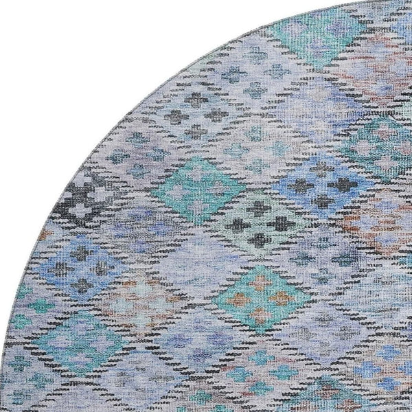 HomeRoots 8' Stylish Blue Copper Silver Geometric Round Rug - Washable, UV Protected for Family & Pet Spaces 683809