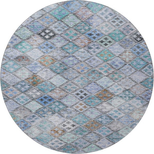 HomeRoots 8' Stylish Blue Copper Silver Geometric Round Rug - Washable, UV Protected for Family & Pet Spaces 683809