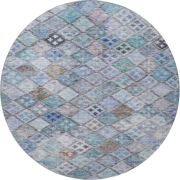 HomeRoots 8' Stylish Blue Copper Silver Geometric Round Rug - Washable, UV Protected for Family & Pet Spaces 683809
