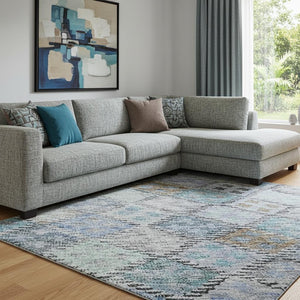 HomeRoots 8' X 10' Stylish Blue, Copper & Silver Geometric Area Rug - Washable, UV Protected, Pet-Friendly Design 683810