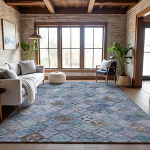 HomeRoots 9' X 12' Stylish Blue Copper Silver Geometric Washable Area Rug with UV Protection & Durability 683811