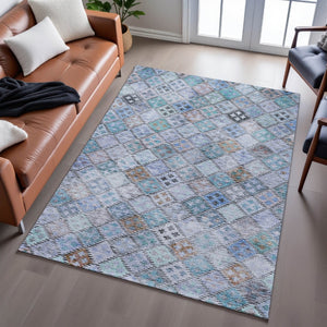 HomeRoots 9' X 12' Stylish Blue Copper Silver Geometric Washable Area Rug with UV Protection & Durability 683811