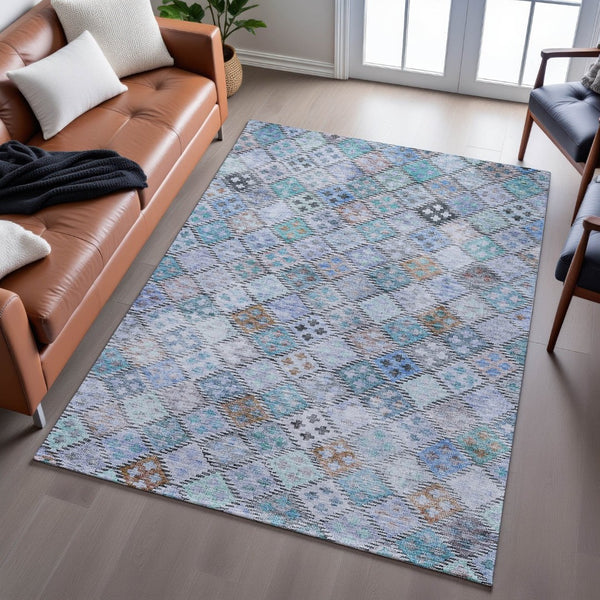 HomeRoots 9' X 12' Stylish Blue Copper Silver Geometric Washable Area Rug with UV Protection & Durability 683811