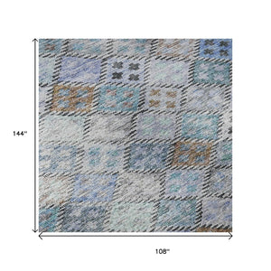 HomeRoots 9' X 12' Stylish Blue Copper Silver Geometric Washable Area Rug with UV Protection & Durability 683811