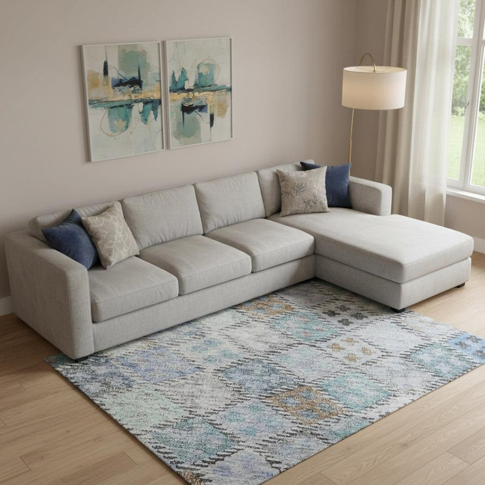 HomeRoots 9' X 12' Stylish Blue Copper Silver Geometric Washable Area Rug with UV Protection & Durability 683811