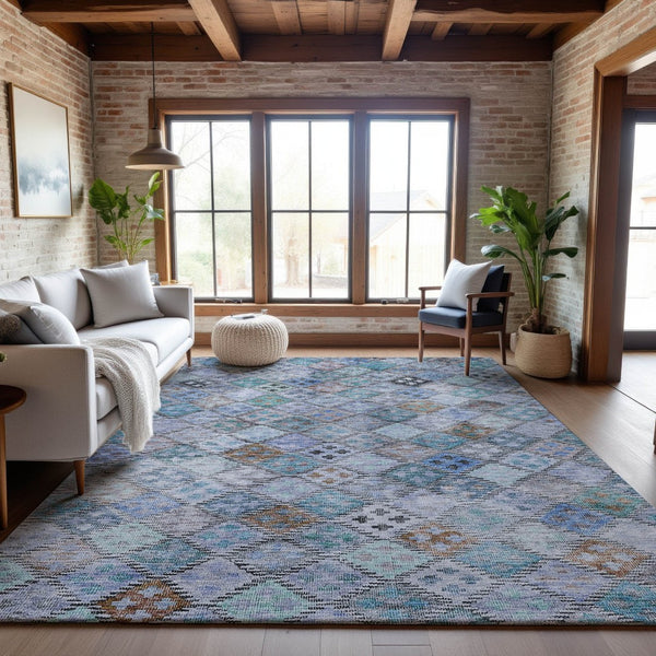 HomeRoots 10' X 14' Blue Copper Silver Geometric Area Rug - Washable, UV Protected, Stain Resistant Design 683812