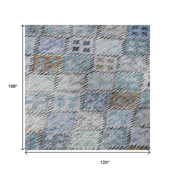 HomeRoots 10' X 14' Blue Copper Silver Geometric Area Rug - Washable, UV Protected, Stain Resistant Design 683812
