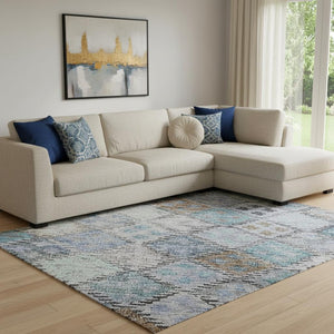 HomeRoots 10' X 14' Blue Copper Silver Geometric Area Rug - Washable, UV Protected, Stain Resistant Design 683812