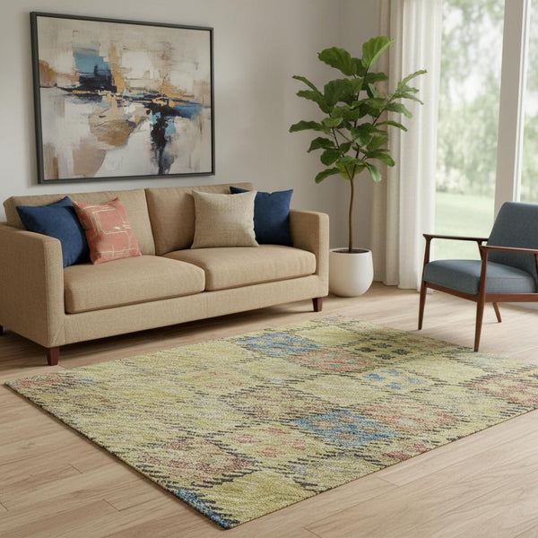 HomeRoots 5' X 8' Geometric Area Rug in Gold, Blue & Copper - Washable, Stain-Resistant, UV-Protected Design 683814