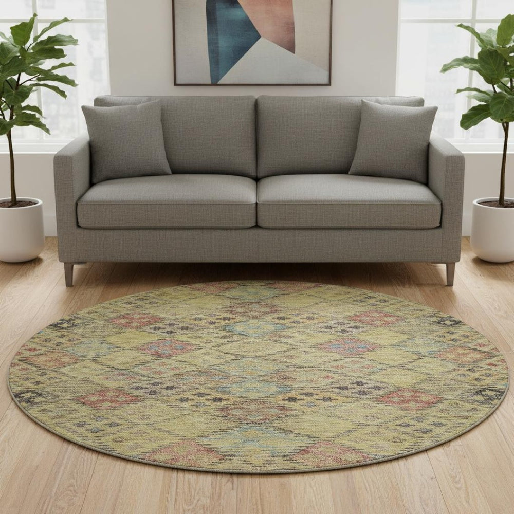 HomeRoots 8' Gold Blue Copper Geometric Round Rug - Washable, UV Resistant, Modern Design for High Traffic Areas 683815