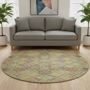 HomeRoots 8' Gold Blue Copper Geometric Round Rug - Washable, UV Resistant, Modern Design for High Traffic Areas 683815