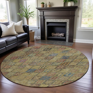 HomeRoots 8' Gold Blue Copper Geometric Round Rug - Washable, UV Resistant, Modern Design for High Traffic Areas 683815