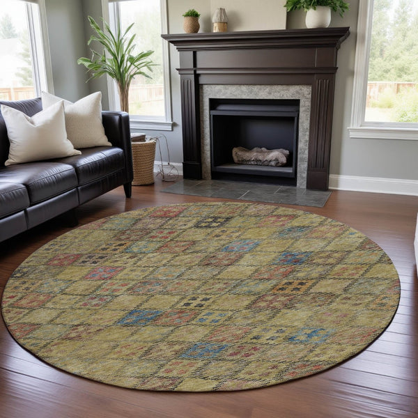 HomeRoots 8' Gold Blue Copper Geometric Round Rug - Washable, UV Resistant, Modern Design for High Traffic Areas 683815