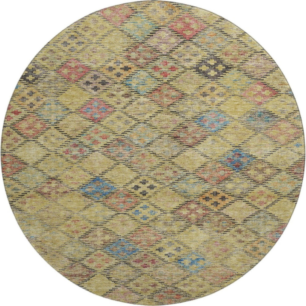 HomeRoots 8' Gold Blue Copper Geometric Round Rug - Washable, UV Resistant, Modern Design for High Traffic Areas 683815