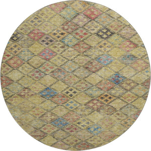 HomeRoots 8' Gold Blue Copper Geometric Round Rug - Washable, UV Resistant, Modern Design for High Traffic Areas 683815