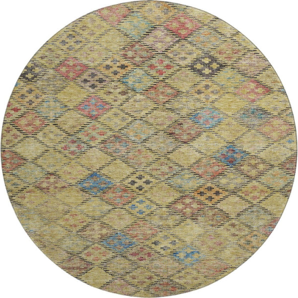 HomeRoots 8' Gold Blue Copper Geometric Round Rug - Washable, UV Resistant, Modern Design for High Traffic Areas 683815