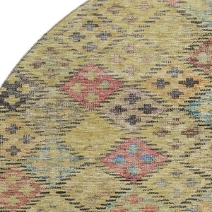 HomeRoots 8' Gold Blue Copper Geometric Round Rug - Washable, UV Resistant, Modern Design for High Traffic Areas 683815