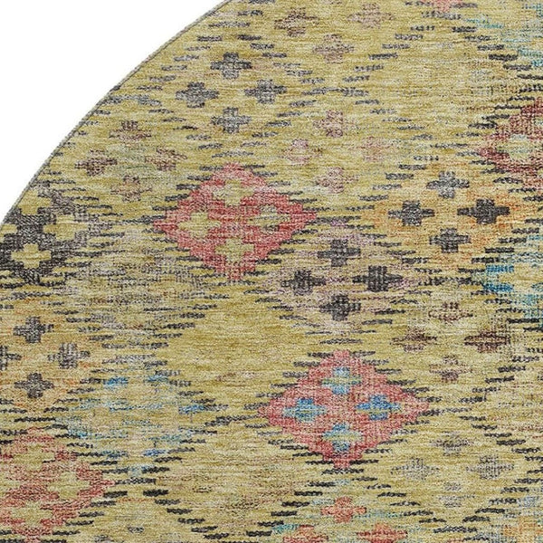 HomeRoots 8' Gold Blue Copper Geometric Round Rug - Washable, UV Resistant, Modern Design for High Traffic Areas 683815