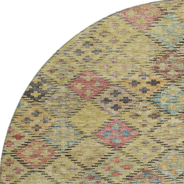 HomeRoots 8' Gold Blue Copper Geometric Round Rug - Washable, UV Resistant, Modern Design for High Traffic Areas 683815