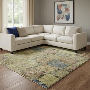 HomeRoots 10' Gold, Blue & Copper Geometric Washable Area Rug – UV Protected, Durable for High-Traffic Spaces 683818