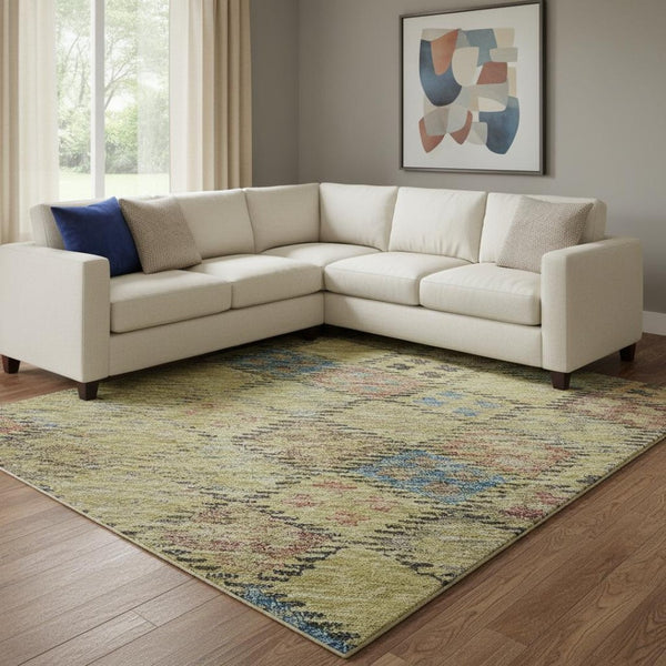 HomeRoots 10' Gold, Blue & Copper Geometric Washable Area Rug – UV Protected, Durable for High-Traffic Spaces 683818