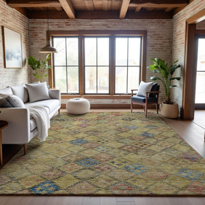HomeRoots 10' Gold, Blue & Copper Geometric Washable Area Rug – UV Protected, Durable for High-Traffic Spaces 683818