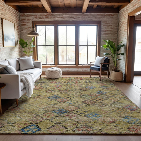 HomeRoots 10' Gold, Blue & Copper Geometric Washable Area Rug – UV Protected, Durable for High-Traffic Spaces 683818