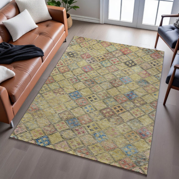 HomeRoots 10' Gold, Blue & Copper Geometric Washable Area Rug – UV Protected, Durable for High-Traffic Spaces 683818