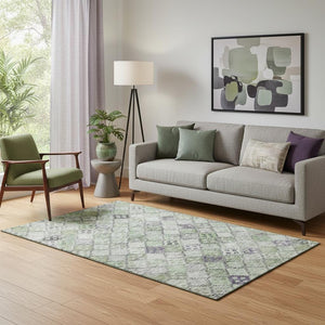 HomeRoots 5' X 8' Geometric Area Rug in Green, Purple & Gray - Washable, UV-Protected, Perfect for High-Traffic Spaces 683820