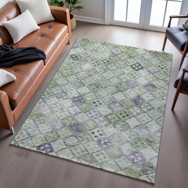 HomeRoots 5' X 8' Geometric Area Rug in Green, Purple & Gray - Washable, UV-Protected, Perfect for High-Traffic Spaces 683820