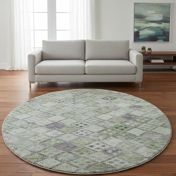 HomeRoots 8' Bold Green, Purple & Gray Geometric Round Rug - Washable, UV Protected, Durable for High-Traffic Areas 683821