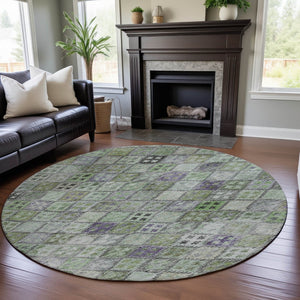 HomeRoots 8' Bold Green, Purple & Gray Geometric Round Rug - Washable, UV Protected, Durable for High-Traffic Areas 683821