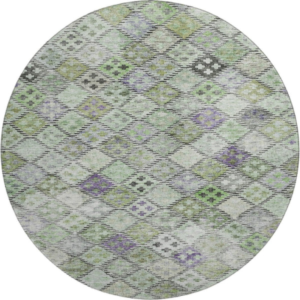 HomeRoots 8' Bold Green, Purple & Gray Geometric Round Rug - Washable, UV Protected, Durable for High-Traffic Areas 683821
