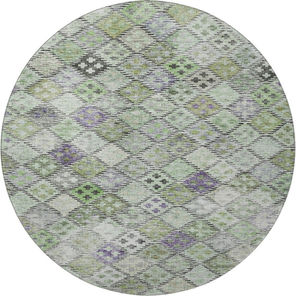 HomeRoots 8' Bold Green, Purple & Gray Geometric Round Rug - Washable, UV Protected, Durable for High-Traffic Areas 683821
