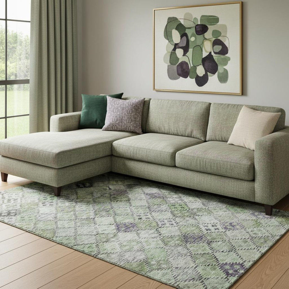 HomeRoots 8' X 10' Geometric Area Rug in Green, Purple & Gray – Stain-Resistant, UV Protected, Easy Care! 683822