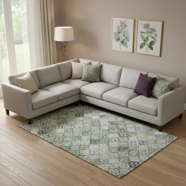 HomeRoots 9' X 12' Geometric Washable Area Rug in Green, Purple & Gray - UV Protected, Stain Resistant Design! 683823