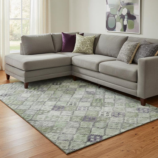 HomeRoots 10' Geometric Washable Area Rug in Green, Purple & Gray - UV-Protected, Durable & Stylish for Homes 683824